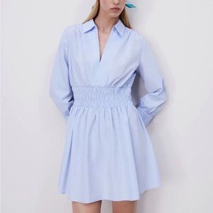 Zara collared elastic shirt mini dress in blue sky dress size xs